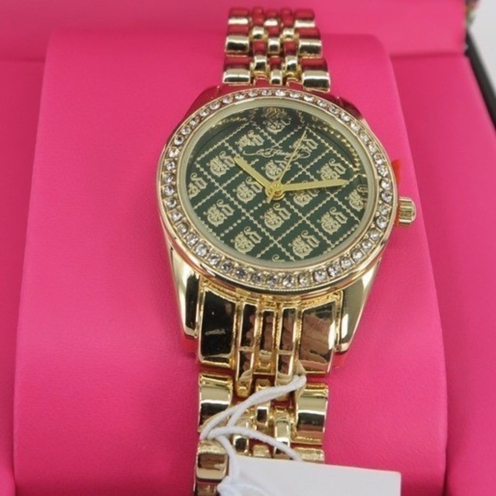 Ed Hardy Womens Gold Tone Crystal Bezel Green Monogram Dial Watch New in Box
